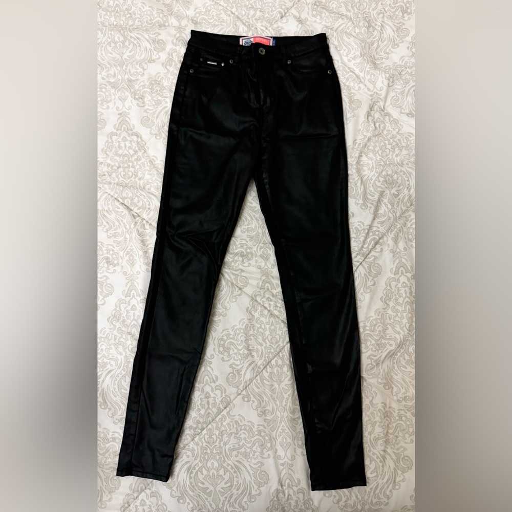 Leather look low rise jeans